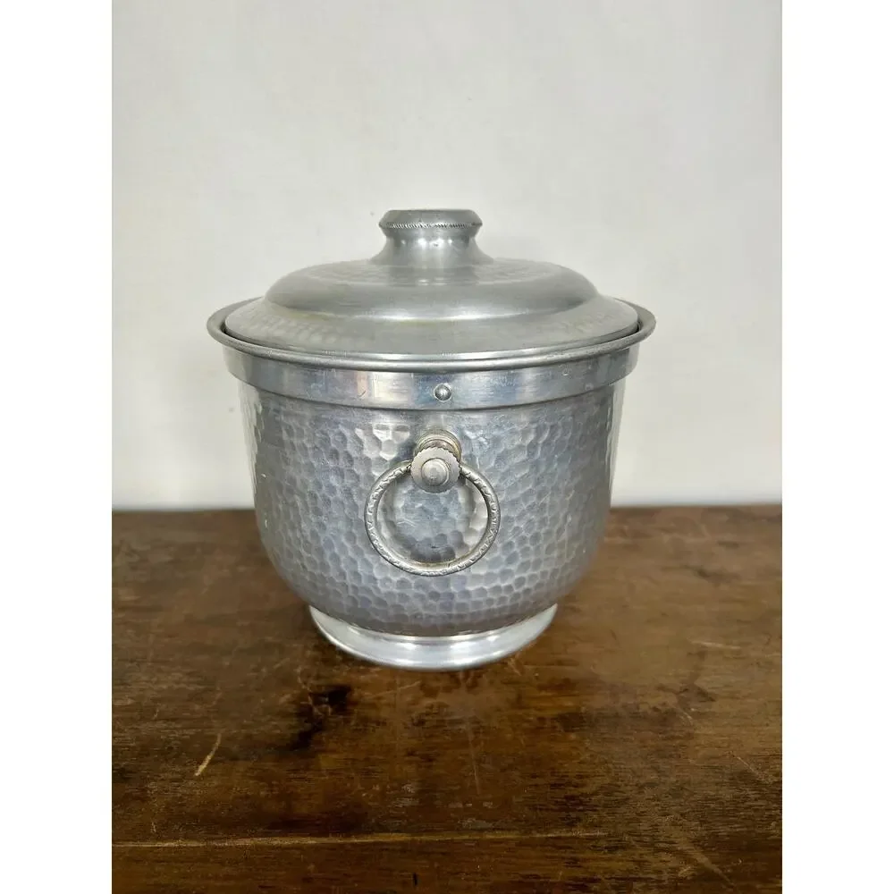 Mid Century Hammered Aluminum Ice Bucket with Lid, Vintage Barware Home Bar Cart